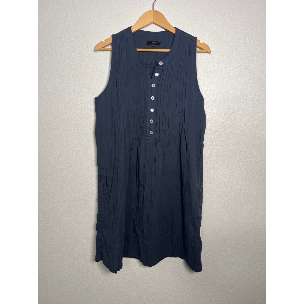 Quince Swing Dress Women S Indigo Blue Organic Cotton Gauze Pintuck Sleeveless